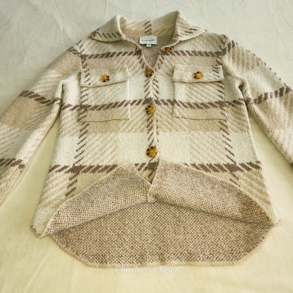 Pink Rose XS Cream Plaid Button Down Cozy Knit Shacket Cabincore Cowgirl Bonfire - Picture 1 of 9